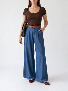 NWT American Eagle High Rise Wide Leg Dreamy Drape Trousers Blue Size 14
